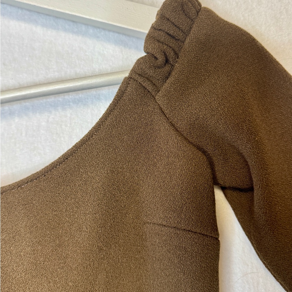 KHAITE Off-Shoulder Long Sleeve Mini Dress in Brown - Picture 6 of 8